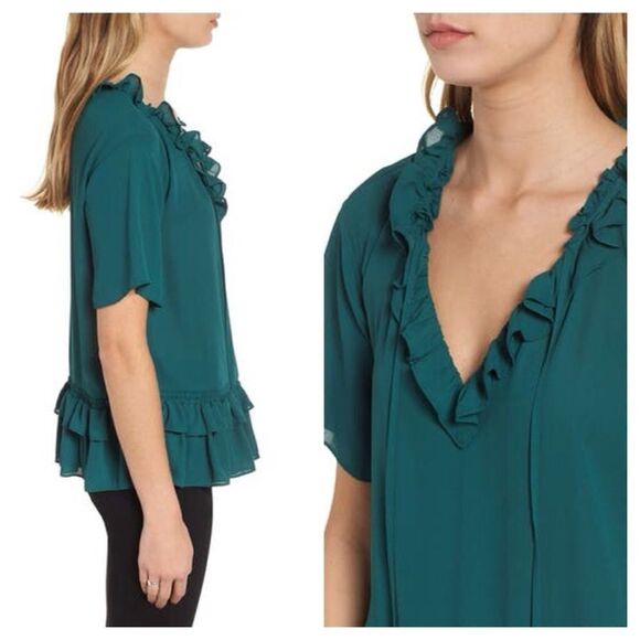 Chelsea28 Ruffle Hem Split Neck Blouse Size Medium - Picture 2 of 10